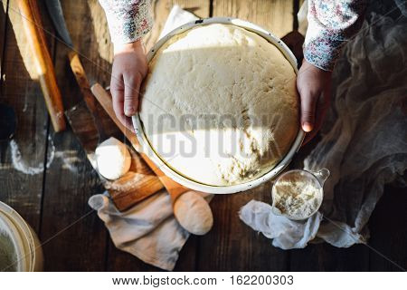 Close Up View Of Baker Kneading Dough. Homemade Bread. Hands Pre