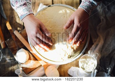 Close Up View Of Baker Kneading Dough. Homemade Bread. Hands Pre