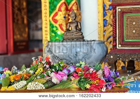 Colorful Flower In Banana Leaf Placed For Worship Buddha.