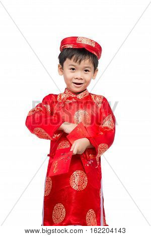 Little Vietnamese Boy Holding Red Envelops For Tet. The Word Mean Double Happiness. It Is The Gift I