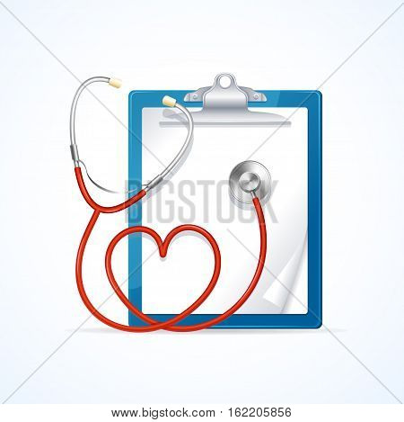 Medical Concept Diagnosis Health Care Stethoscope In Shape Of Heart and Clipboard. Vector illustration