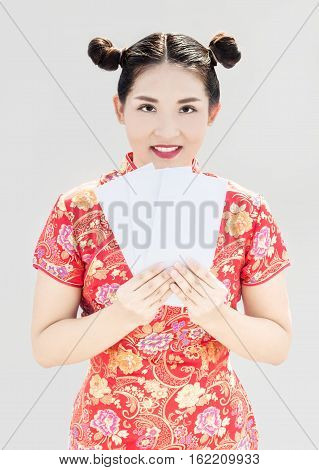 Chinese Lady With Cheongsam Have A Envelop