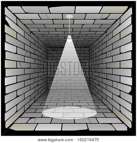 brick box in perspective. 3d room with a light bulb on the ceiling and lighting