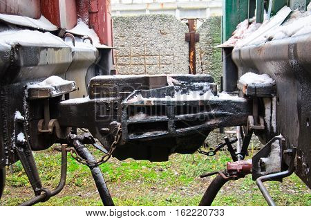 Detail view of a cargo train coupler