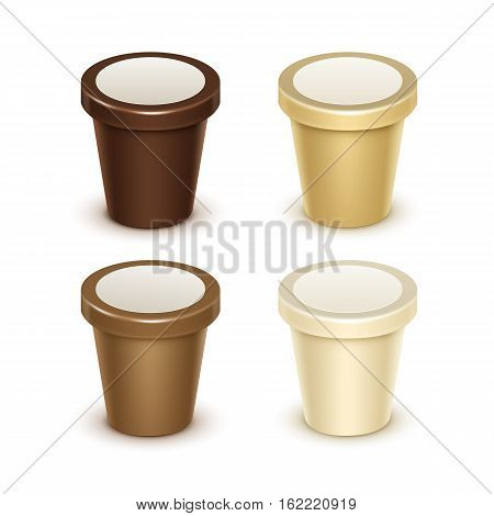 Vector Set of Brown Cream Blank Food Plastic Tub Bucket Container For Vanilla Chocolate Dessert Yogurt Ice Cream Sour Cream with Label for Package Design Mock Up Close up Isolated on White Background.