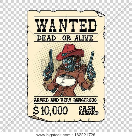 Steampunk female robot bandit, wild West Western style, pop art retro vector illustration. Science fiction