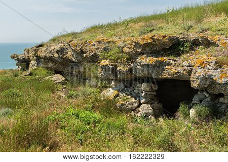Ancient mines in the mountain Opuk. Opuksky Reserve is located on the southern coast of Kerch Peninsula.