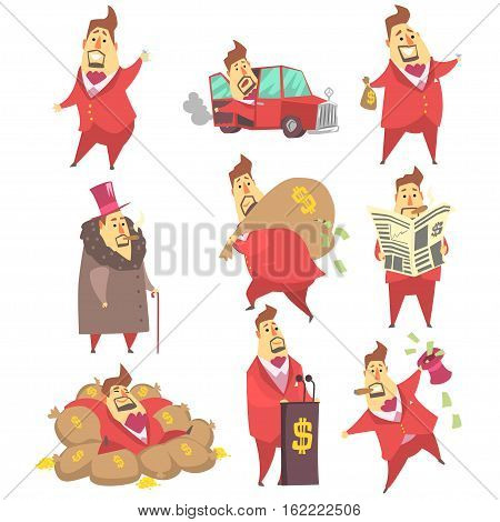 Millionaire Rich Man Funny Cartoon Character And His Money Set Of Lifestyle Situations. Multimillionaire Businessman With Cigar In Red Jacket Activities Vector Illustrations.