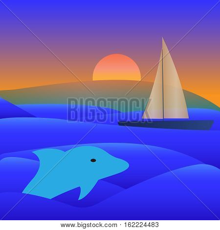 Sail Yacht Boat Dolphin See and Sunset Vector Illustration