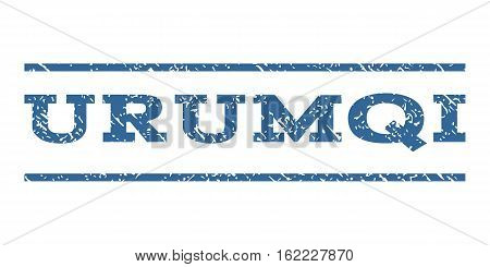 Urumqi watermark stamp. Text caption between horizontal parallel lines with grunge design style. Rubber seal stamp with scratched texture. Vector cobalt color ink imprint on a white background.