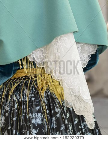 CAGLIARI, ITALY - May 1, 2014: 358 Religious Procession of Sant'Efisio - Sardinia - detail of a female traditional Sardinian costumes