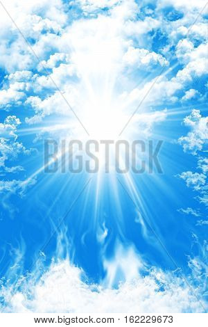 Heaven With Blue Sky Clouds And Sun Light Background