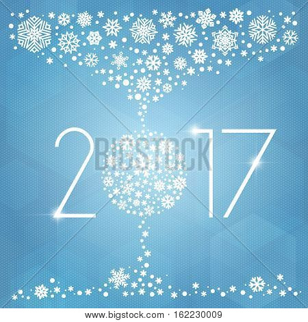 New year 2017 vector illustration with white snowflakes on light blue background