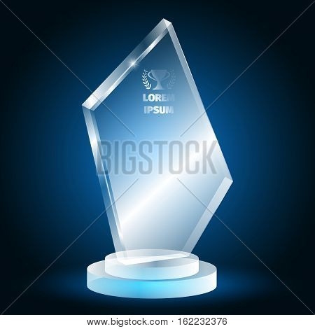 Glass trophy for the winner on a blue background. 3D prize of Plexiglas.