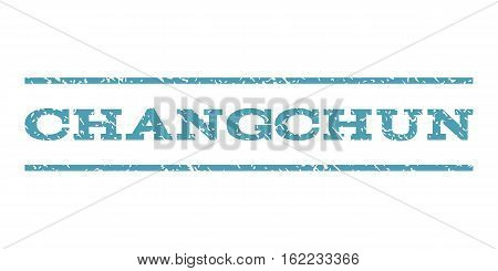 Changchun watermark stamp. Text tag between horizontal parallel lines with grunge design style. Rubber seal stamp with dirty texture. Vector cyan color ink imprint on a white background.