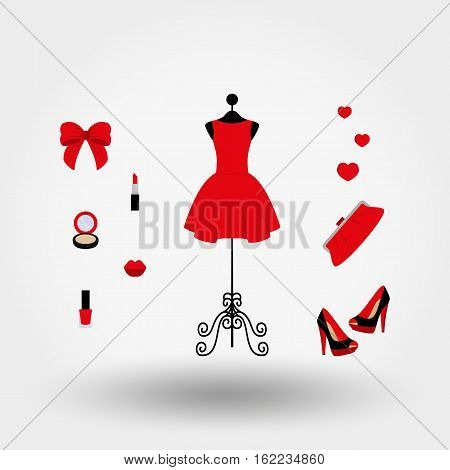 Vintage mannequin in a red dress high heels clutch bag powder lipstick nail polish. Icons set for web and mobile application. Vector illustration on a white background. Flat design style.