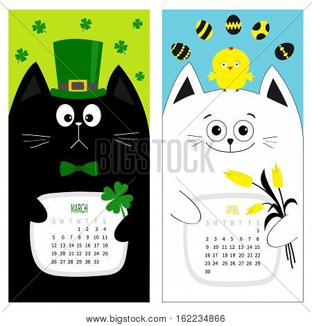 Cat calendar 2017. Cute funny cartoon character set. March April spring month. Green hat tye bow chicken egg. Clover leaf tulip flower. Happy Patricks day Easter Flat design. Color background. Vector