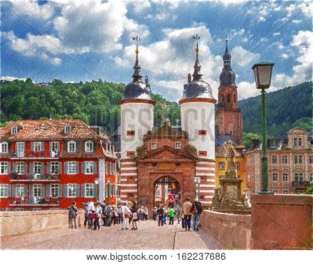  Famous Old Bridge Gate. Heidelberg, Germany.  Digital illustration in draw, sketch style. 