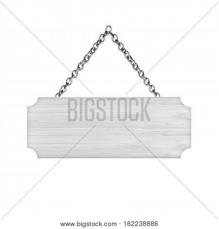 Wooden sign hanging on a chain isolated on white background