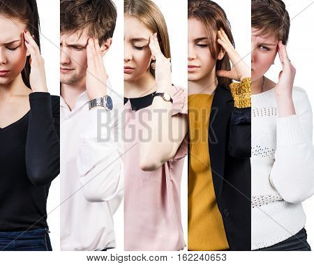 Half collage of people with a headache over white background