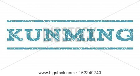 Kunming watermark stamp. Text tag between horizontal parallel lines with grunge design style. Rubber seal stamp with unclean texture. Vector cyan color ink imprint on a white background.