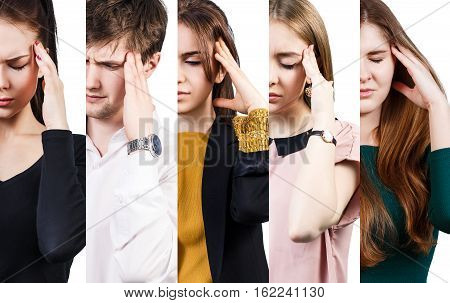 Half collage of people with a headache over white background