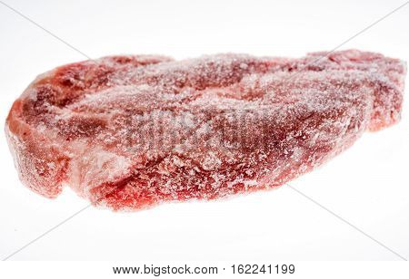Frozen Raw Pork Neck Chops Meat Steak Isolated On White.