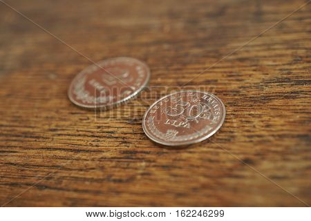 Macro detail of Croatian coins (Kuna and Lipa, HRK) on the wooden desk as a financial background of currency used in Croatia