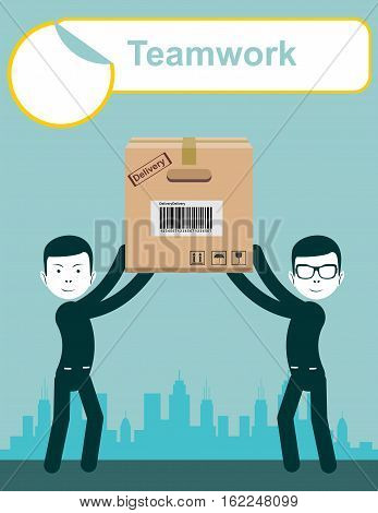delivery service man with box vector. Teamwork. Stock vector illustration
