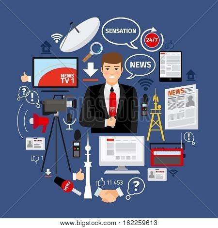 News concept with flat journalist and mass media icons arranged in curcle shape. Vector illustration