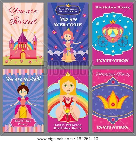 Child girl birthday, princess party vector invitations set. Template of card invitation, set of page birthday invitation illistration