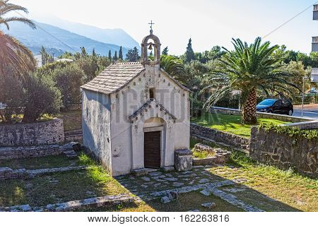 The old Church of St. George from the 13th century, is located by the coast in Tucepi Croatia.