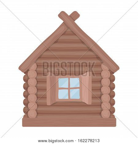 Wooden house icon in cartoon design isolated on white background. Russian country symbol stock vector illustration.