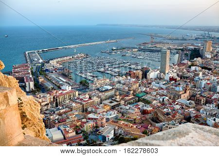 View on Alicante old city and port from castle Santa Barbara