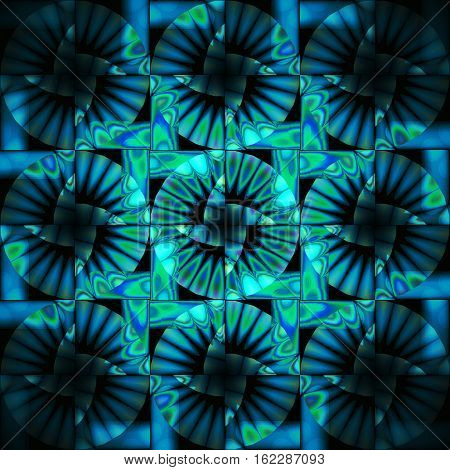 Abstract geometric seamless background. Regular intricate circles pattern in turquoise, blue and black, ornate and conspicuous.