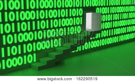 Stairs leading up to an exit in a wall with green glowing digital datastreams backdoor concept 3D illustration