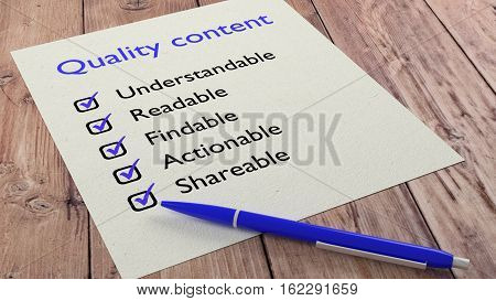Blue ballpen with items from a quality content characteristics checklist 3D illustration