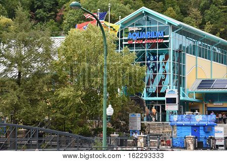 GATLINBURG, TN - OCT 7: Aquarium of the Smokies in Gatlinburg, Tennessee, as seen on Oct 7, 2016. Gatlinburg is a popular vacation resort, as it rests on the border of the Great Smoky Mountains National Park along U.S. Route 441.