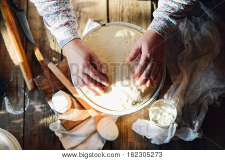 Close Up View Of Baker Kneading Dough. Homemade Bread. Hands Pre