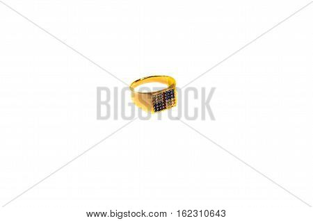 Golden signet ring with gems isolated on white