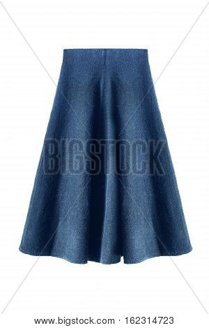 Wool flared knee length blue skirt on white background