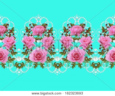Horizontal floral border. Pattern seamless. Flower garland of delicate pink roses green leaves and bright red berries. Openwork lace weaving pearl composition beads.