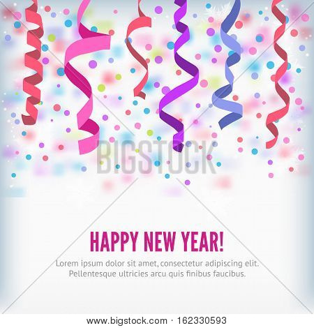 Happy New Year vector streamers and confetti background. Streamers or curved swirl paper ribbon. Festive streamers celebration background. Streamers and confetti of party popper for web banner