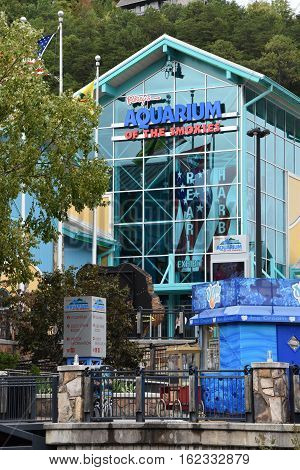 GATLINBURG, TN - OCT 7: Aquarium of the Smokies in Gatlinburg, Tennessee, as seen on Oct 7, 2016. Gatlinburg is a popular vacation resort, as it rests on the border of the Great Smoky Mountains National Park along U.S. Route 441.