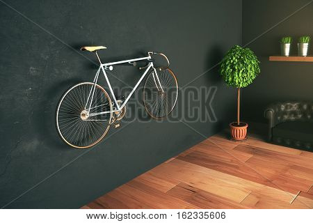 Bike hanging on wall in modern hispter interior. 3D Rendering