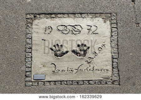 Names And Hand Prints Of Stars At The Munich Walk Of Fame In The Olympia Park
