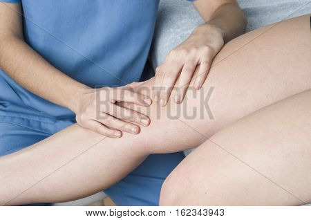 Physiotherapist, Chiropractor Doing A Patellar Mobilization, Knee Pain