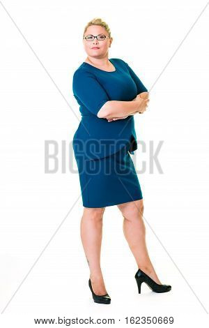 Confident Female Executive In Blue Dress On White