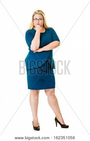 Thoughtful Blond Executive In Blue Dress