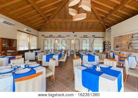 Cayo Coco island, Memories Carib hotel, Cuba, June 30, 2016, amazing beautiful, inviting view of Cuban restaurant ready for their guests